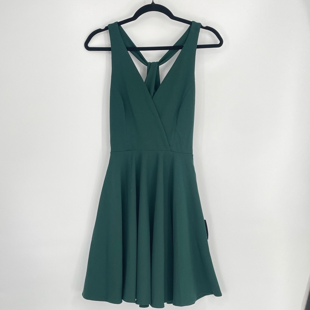Lulus Hunter Green V-Neck Cross Back A-Line Open Back Skater Mini Dress XS - Picture 2 of 14